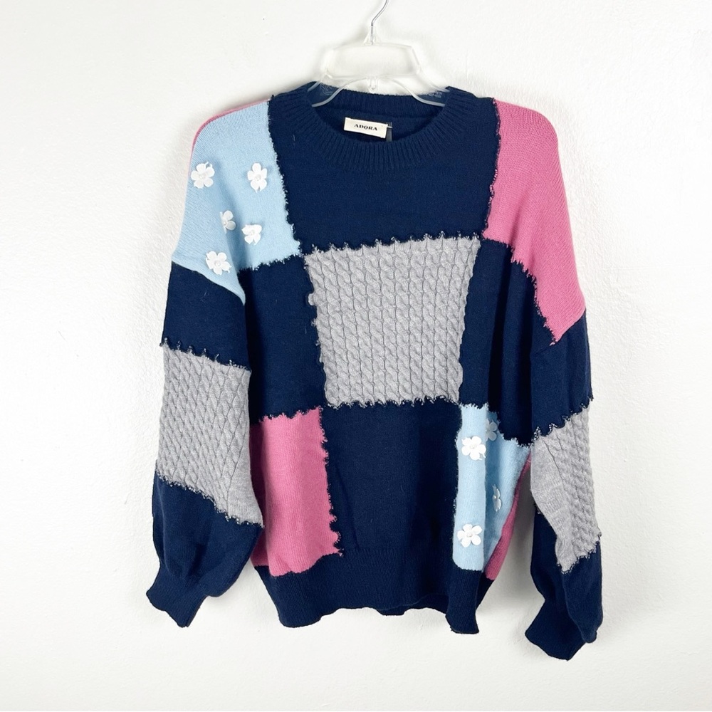 ADORA Multicolored Long Balloon Cuff Sleeves Patchwork Floral Detail Sweater M/L
